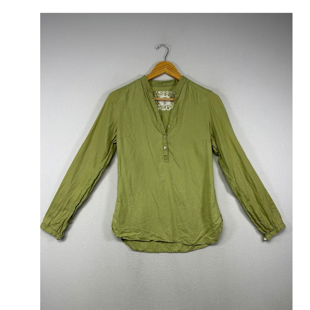 Boho Coastal L.O.G.G. H&M Women 4 Olive Green 100% Linen Split Neck Blouse Top‎
